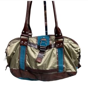 DKNY 1990's Vintage Teal & Brown Leather & Nylon Large Buckle Purse Bag